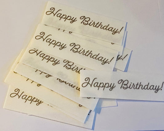 "BAKERS SALE" set of 20- 1"x3" extra thick wafers- Cursive Happy Birthday