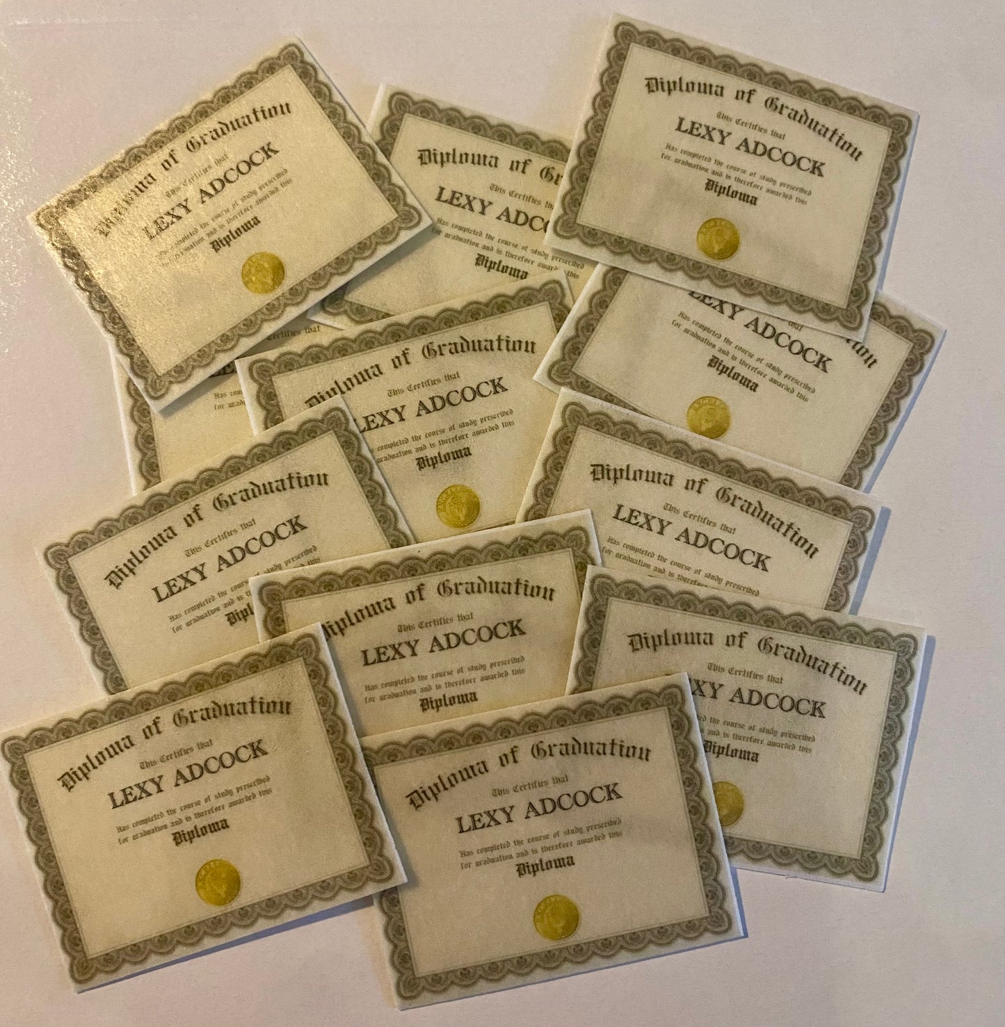 Set of 12 Tiny Edible Diplomas 1.34"x1.75", "CUSTOM GRADUATE NAME", pre cut