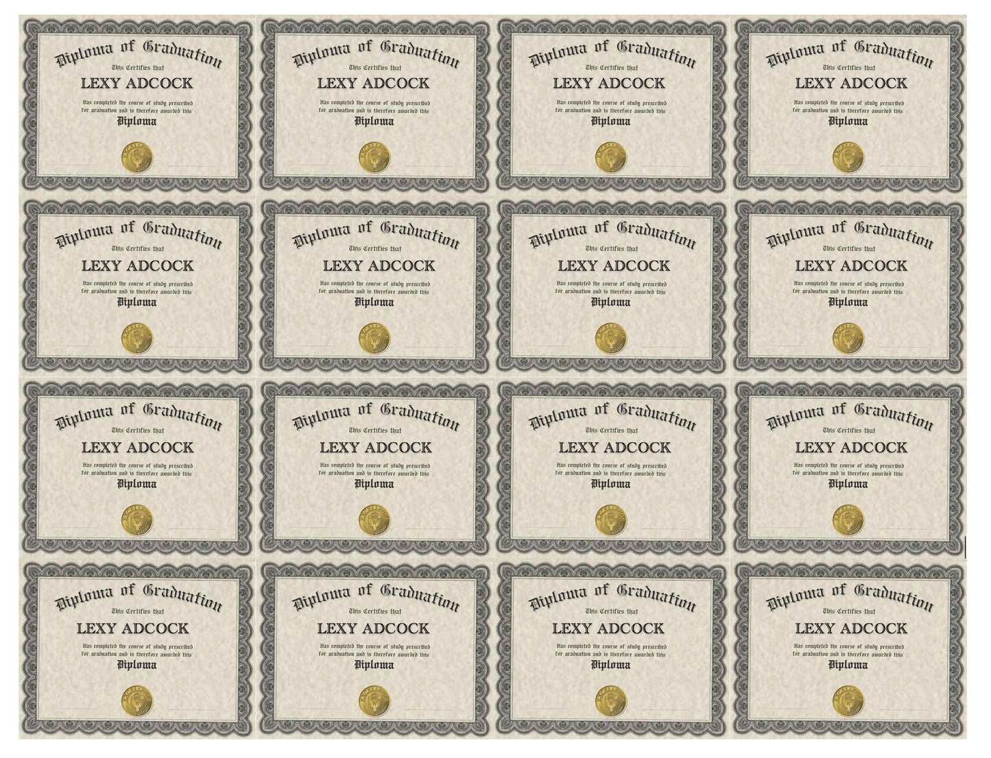 Set of 12 Tiny Edible Diplomas 1.34"x1.75", "CUSTOM GRADUATE NAME", pre cut
