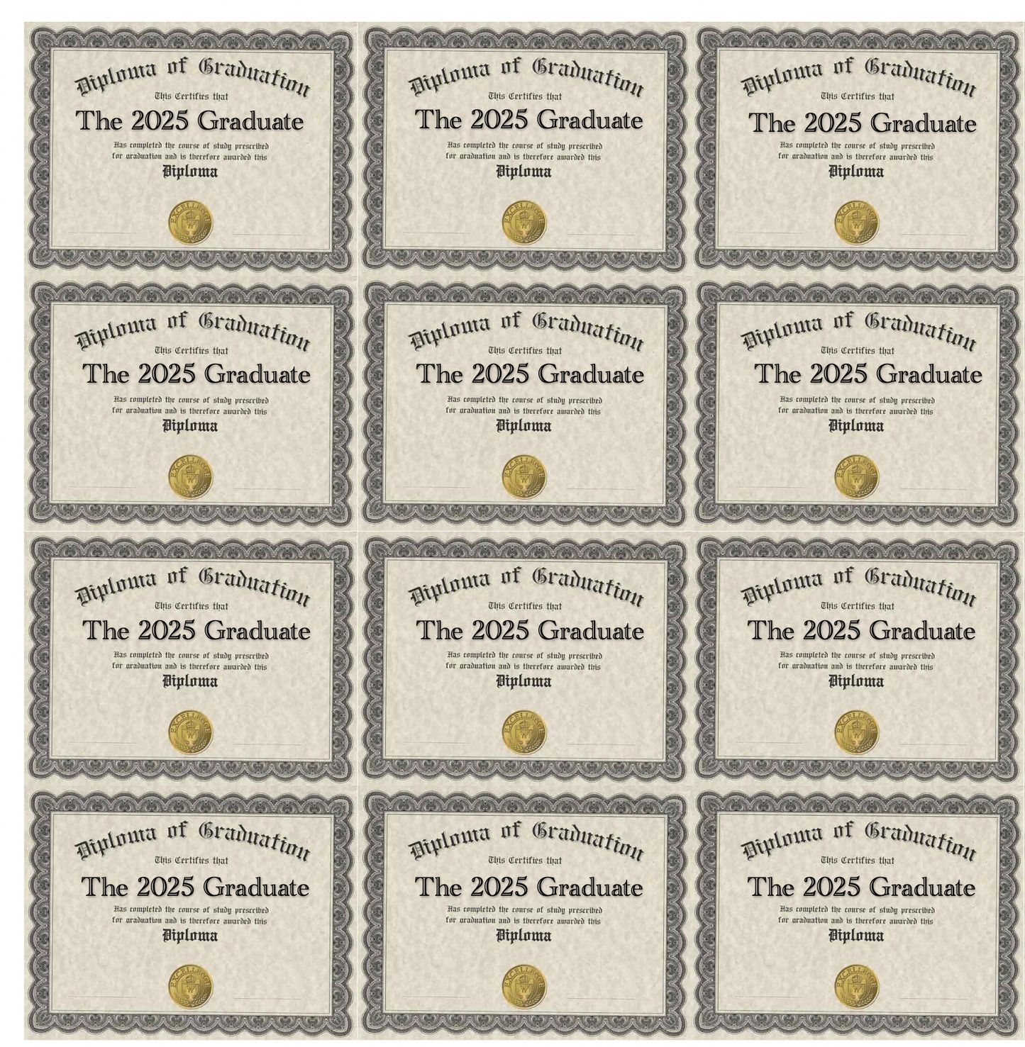 Set of 12 Tiny Edible Diplomas 1.34"x1.75", "The 2025 Graduate", pre cut