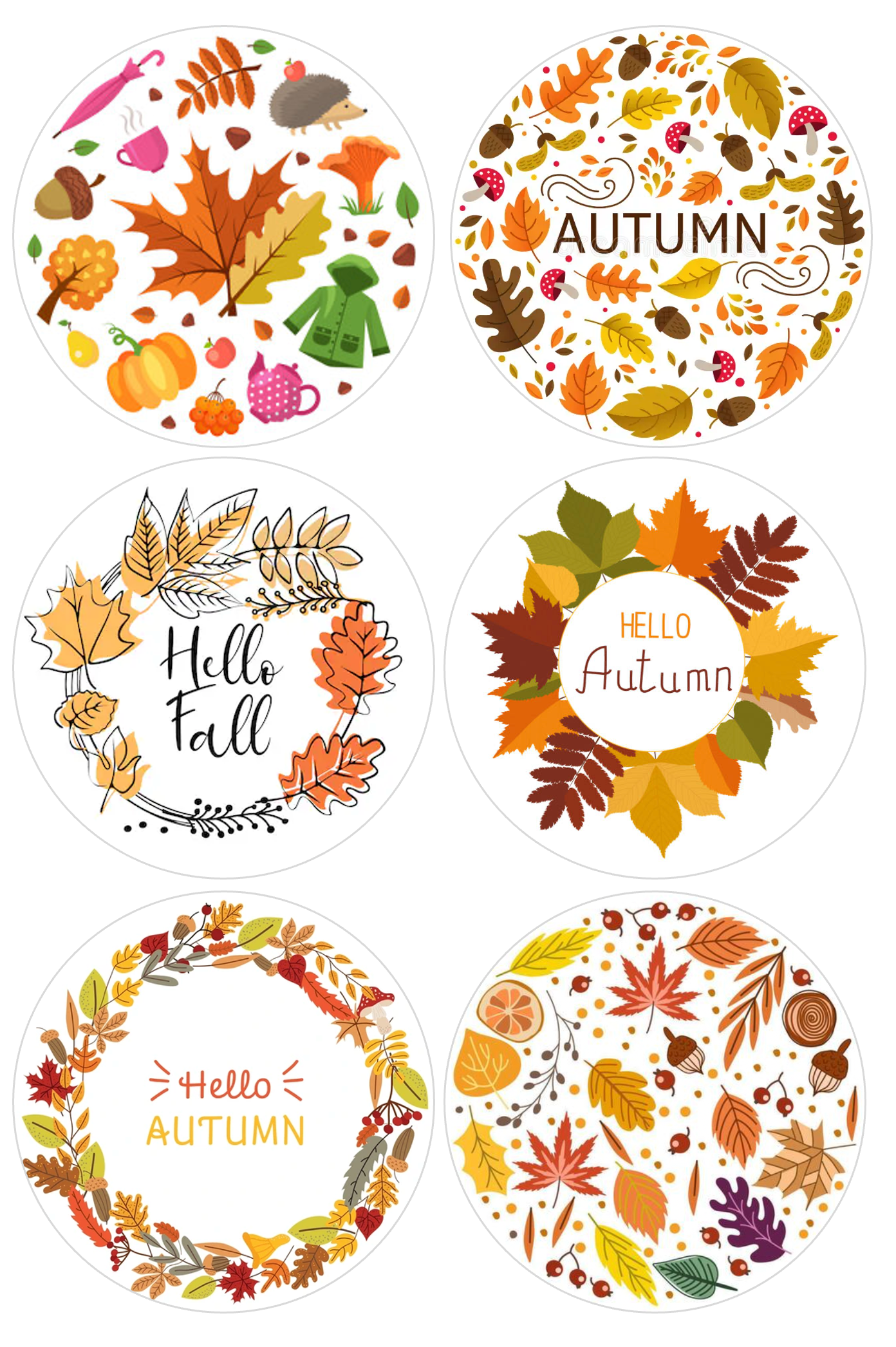 Set of 12 "Fall, Autumn mix" pre cut edible image discs for desserts, choose your size