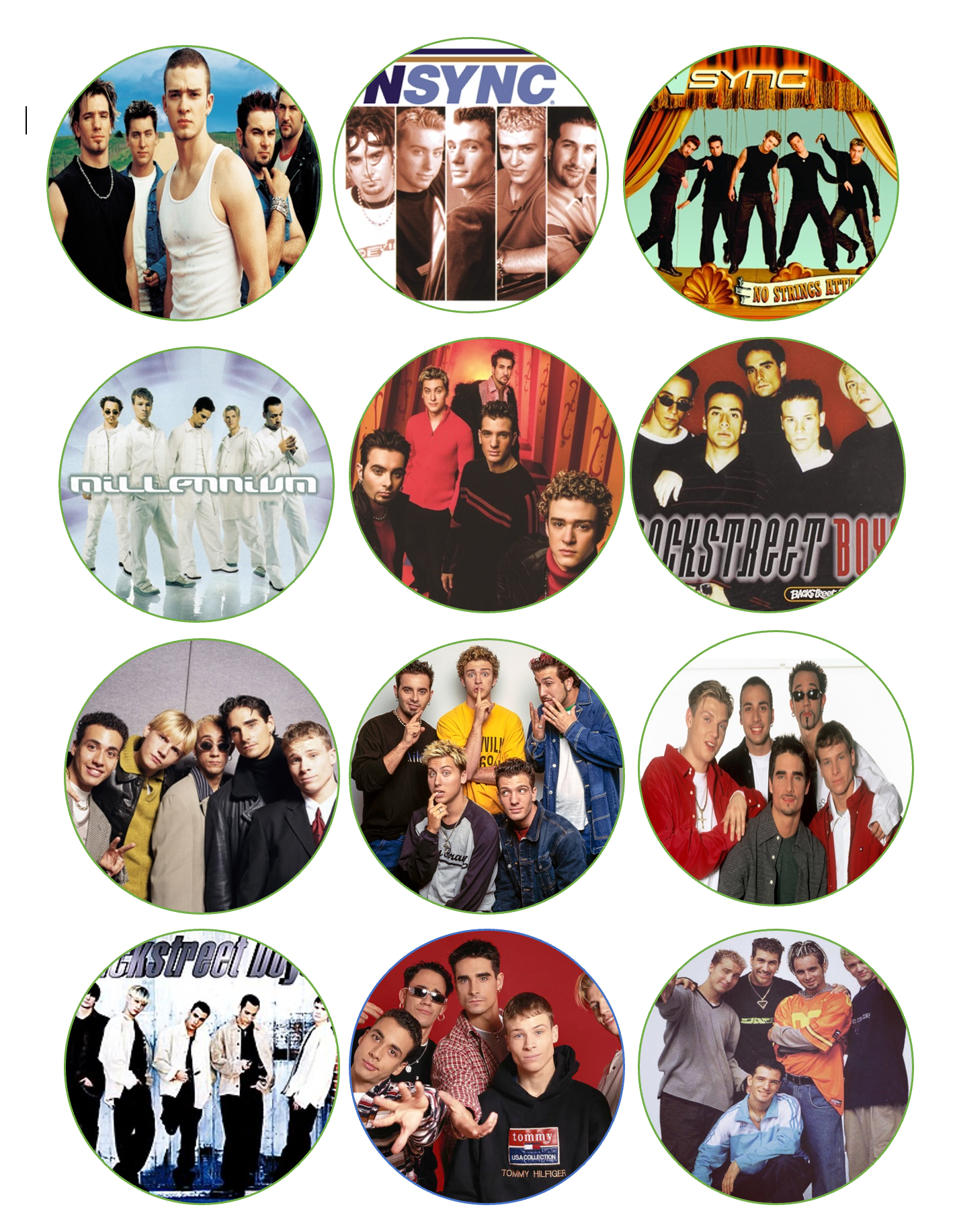 Set of 12 "90's 2000's boy bands, backstreet boys, Nsync" pre cut edible image discs for desserts, drink toppers, choose your size