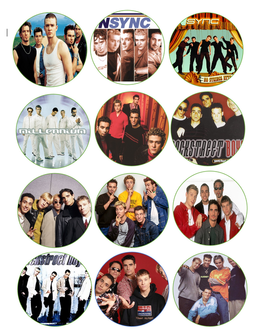 Set of 12 "90's 2000's boy bands, backstreet boys, Nsync" pre cut edible image discs for desserts, drink toppers, choose your size
