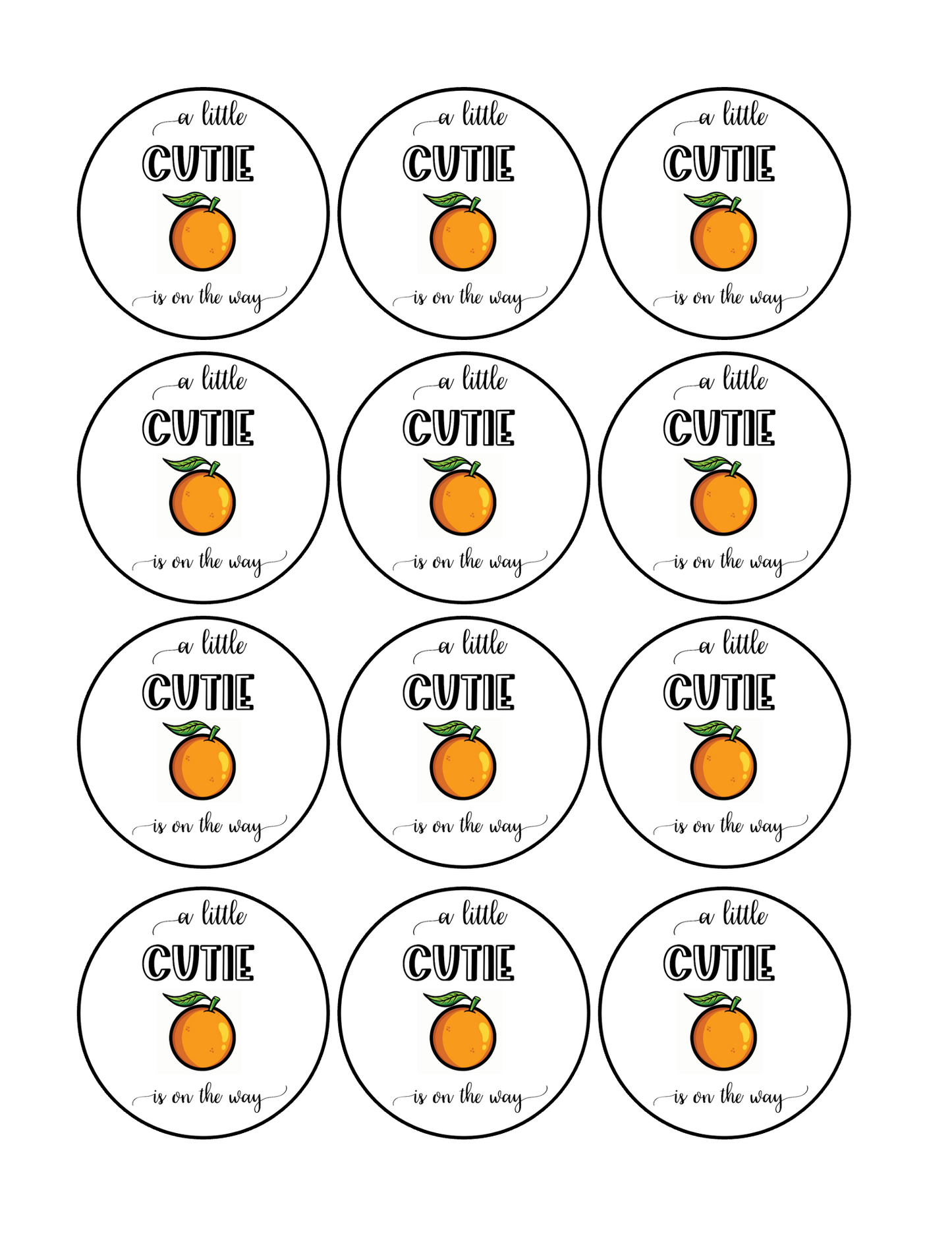 Set of 12 "A Little Cutie is on the way, baby shower" pre cut edible image discs for desserts, drink toppers, choose your size