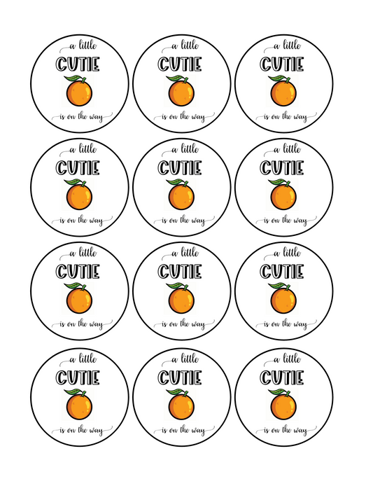 Set of 12 "A Little Cutie is on the way, baby shower" pre cut edible image discs for desserts, drink toppers, choose your size