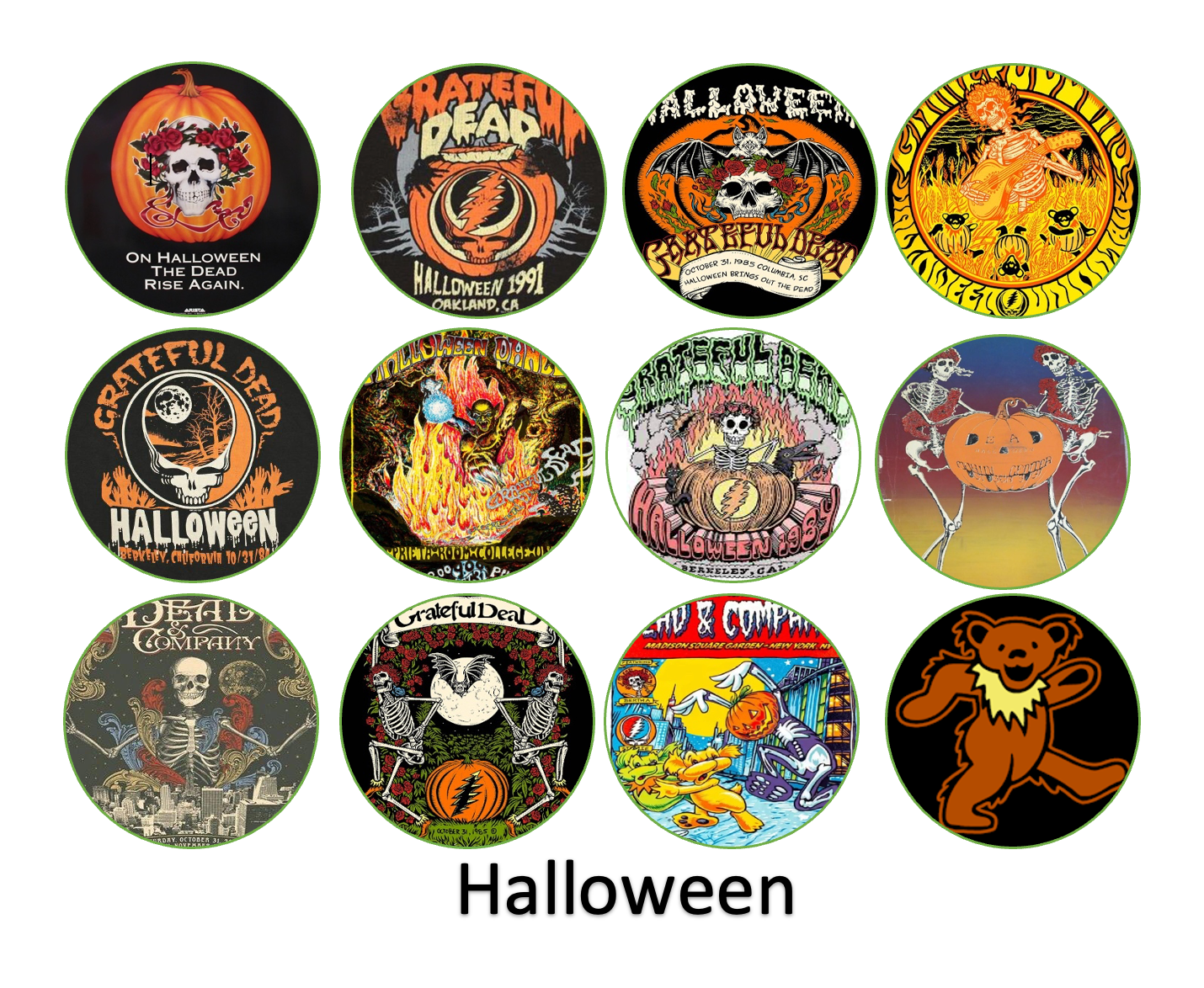 Set of 12 "Grateful Dead Halloween" pre cut edible image discs for desserts, drink toppers, choose your size