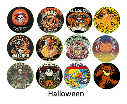 Set of 12 "Grateful Dead Halloween" pre cut edible image discs for desserts, drink toppers, choose your size