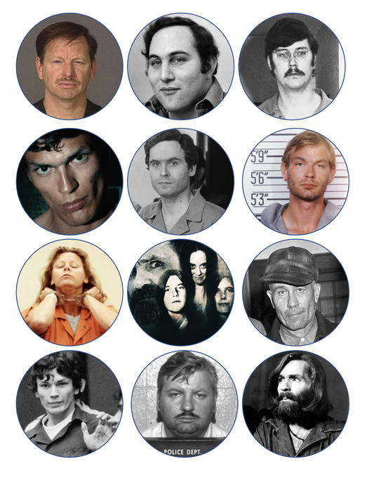 Set of 12 "Serial Killer" pre cut edible image discs for desserts, drink toppers, choose your size