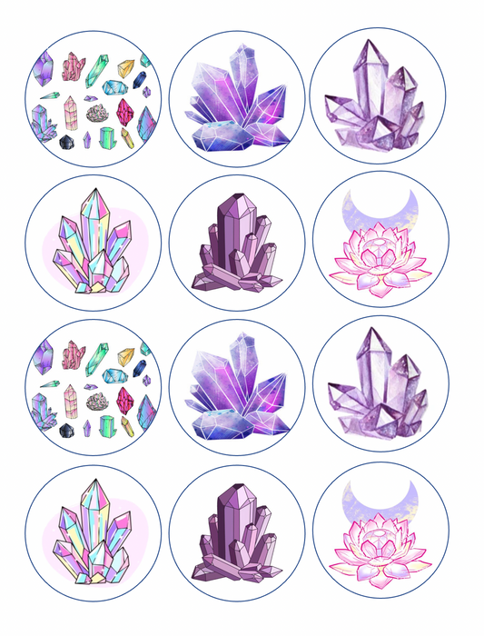Set of 12 "Magic Crystals" pre cut edible image discs for desserts, drink toppers, choose your size