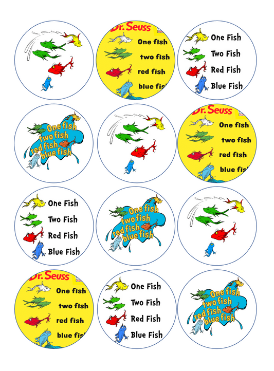 Set of 12 "Dr. Seuss One Fish Two Fish" pre cut edible image discs for desserts, drink toppers, choose your size