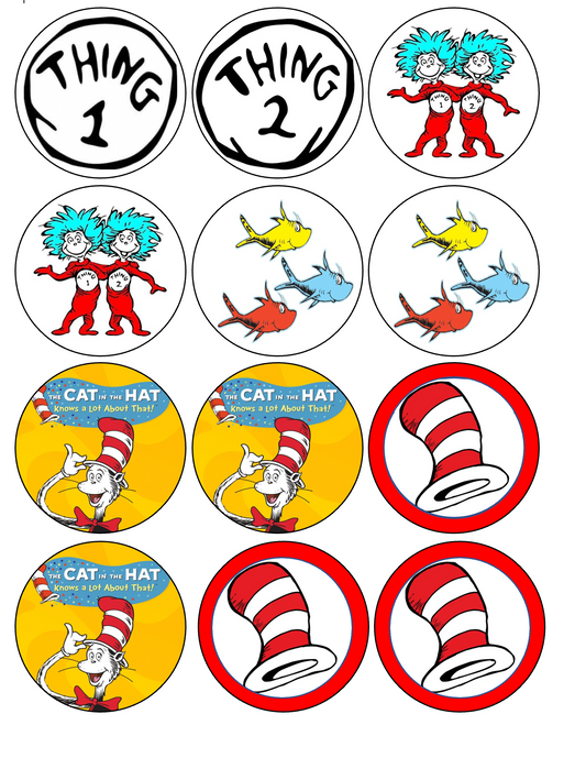 Set of 12 "Dr. Seuss, The Cat in the Hat" pre cut edible image discs for desserts, drink toppers, choose your size