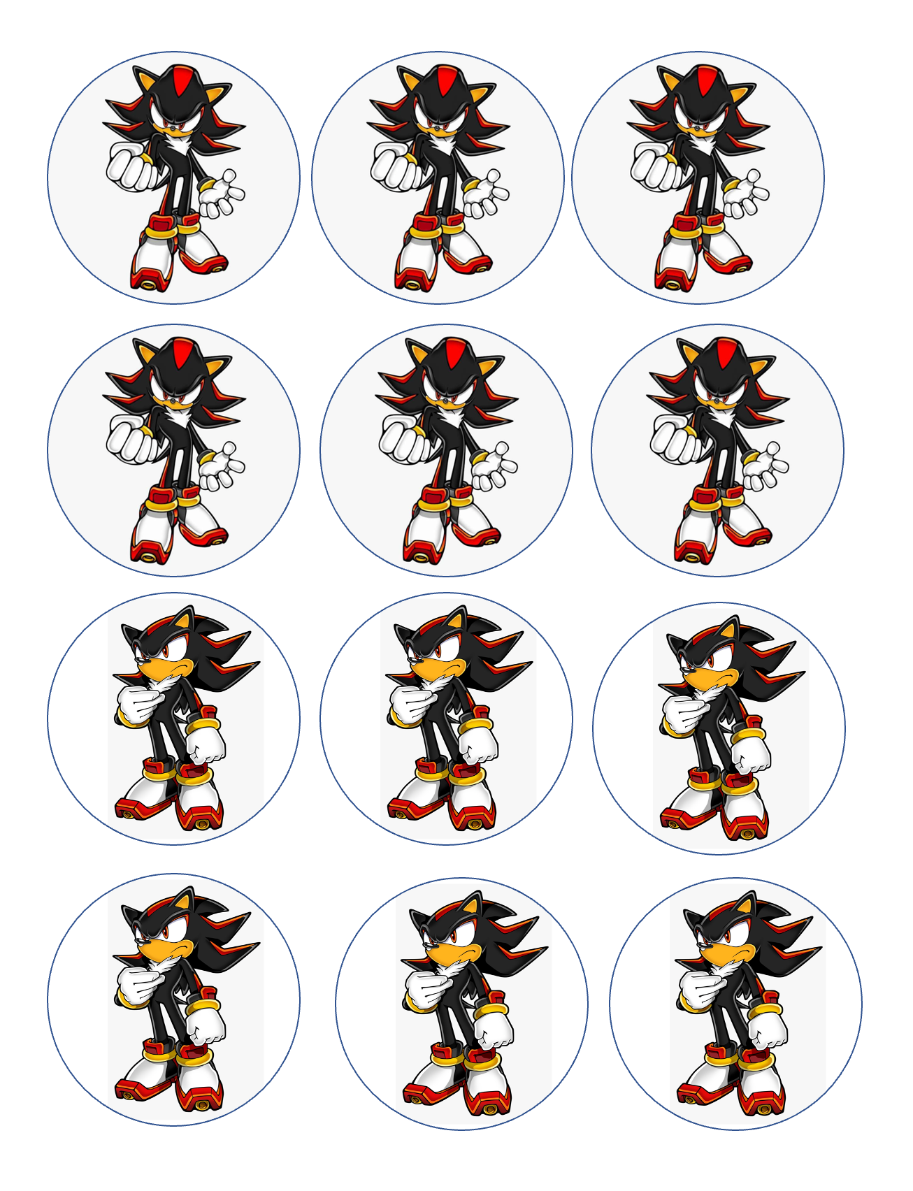 Set of 12 "Sonic, Shadow" pre cut edible image discs for desserts, drink toppers, choose your size