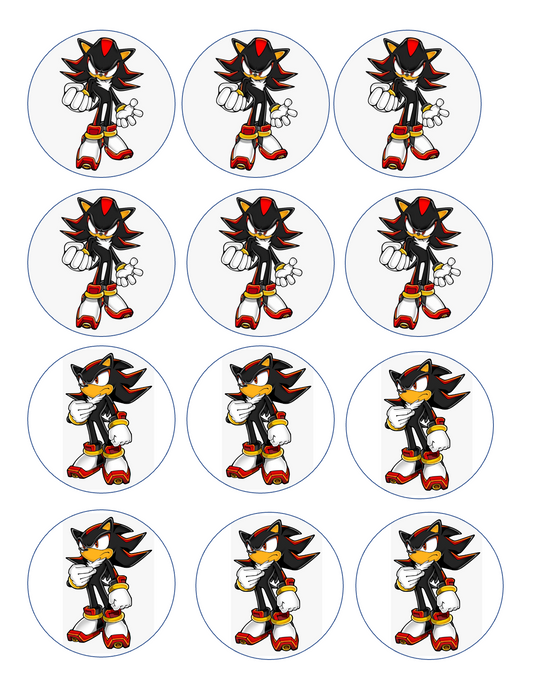 Set of 12 "Sonic, Shadow" pre cut edible image discs for desserts, drink toppers, choose your size