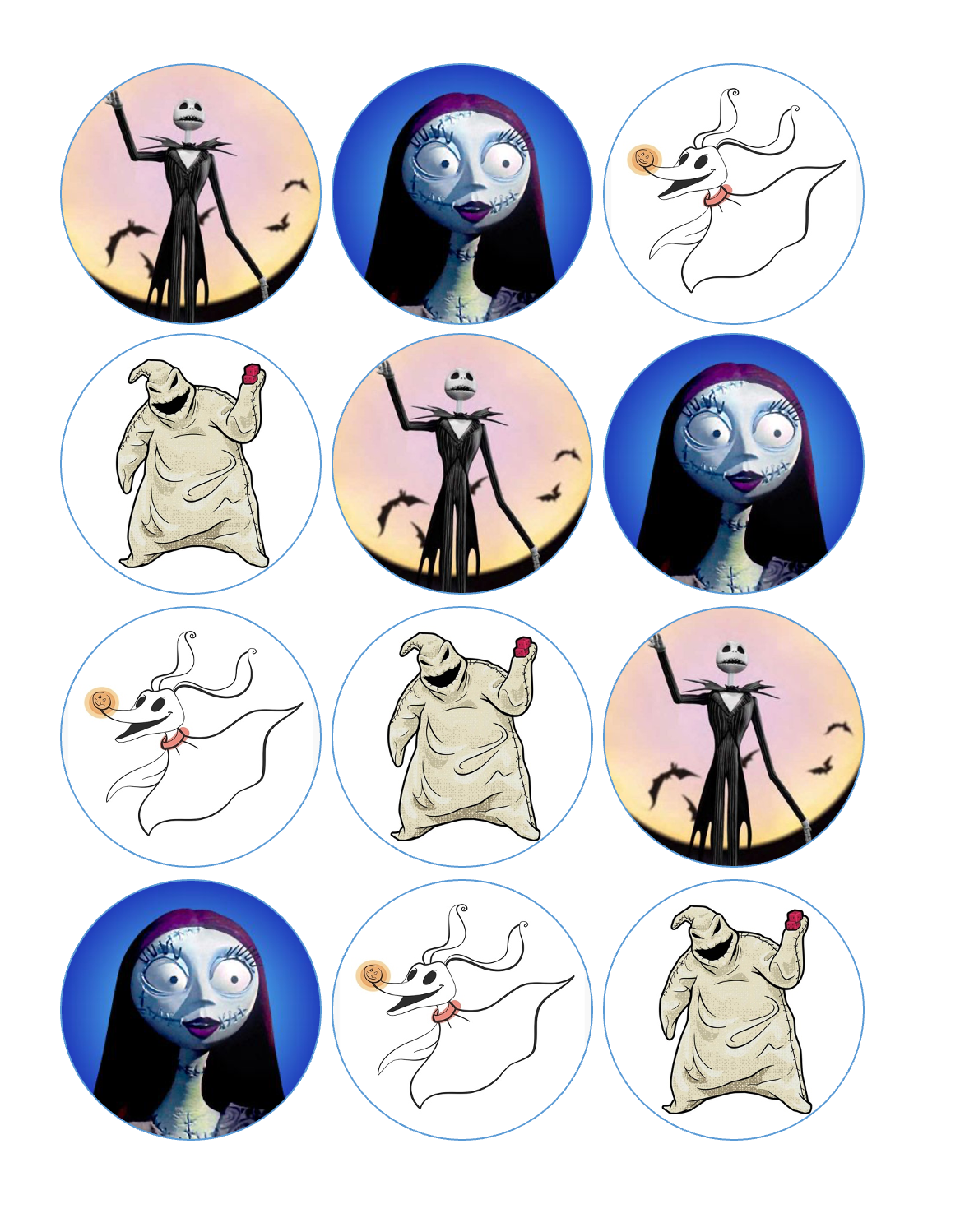 Set of 12 "Nightmare Before Christmas" pre cut edible image discs for desserts, drink toppers, choose your size