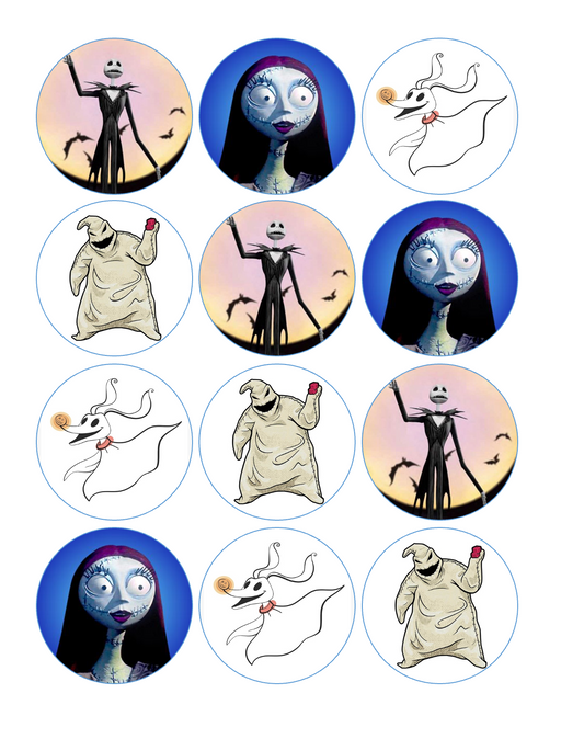 Set of 12 "Nightmare Before Christmas" pre cut edible image discs for desserts, drink toppers, choose your size