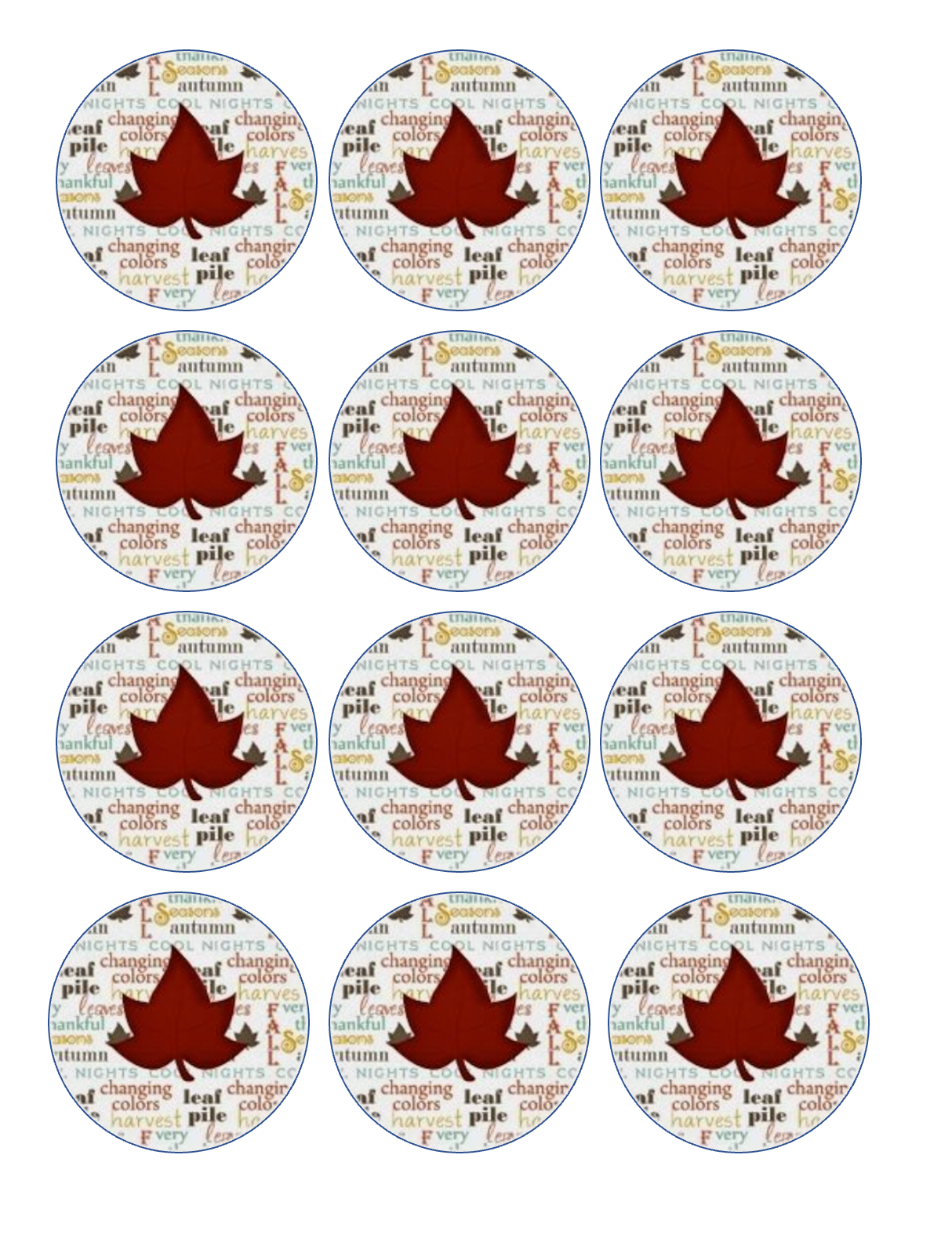 Set of 12 "Fall Autumn Leaves" pre cut edible image discs for desserts, drink toppers, choose your size