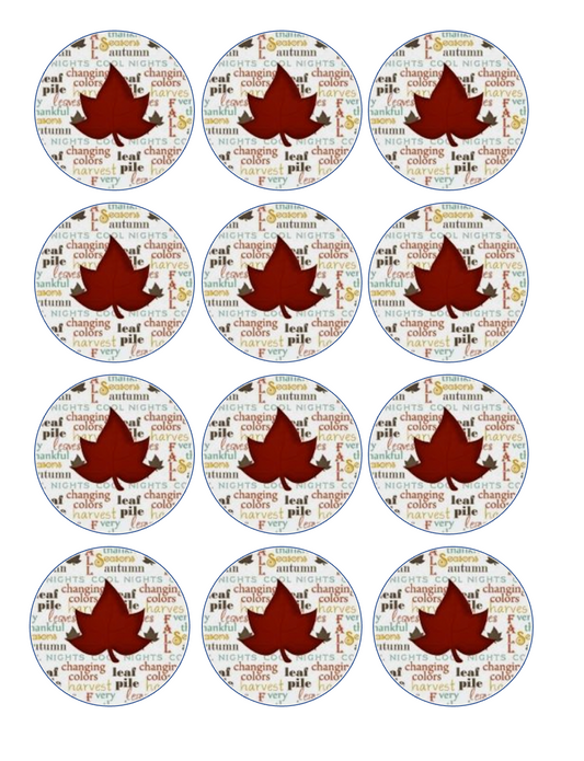 Set of 12 "Fall Autumn Leaves" pre cut edible image discs for desserts, drink toppers, choose your size
