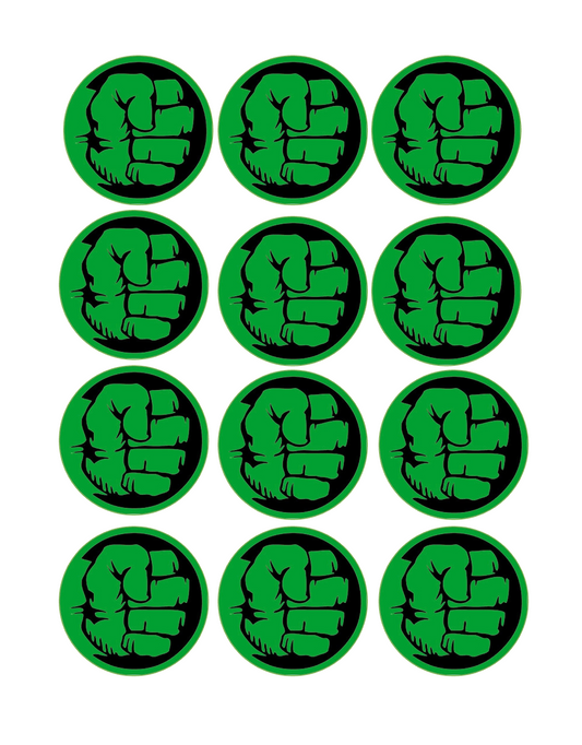 Set of 12 "The Incredible Hulk" pre cut edible image discs for desserts, drink toppers, choose your size
