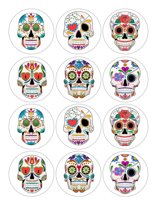 Set of 12 "Sugar Skulls Dia Los Muertos" pre cut edible image discs for desserts, drink toppers, choose your size (Copy) (Copy)