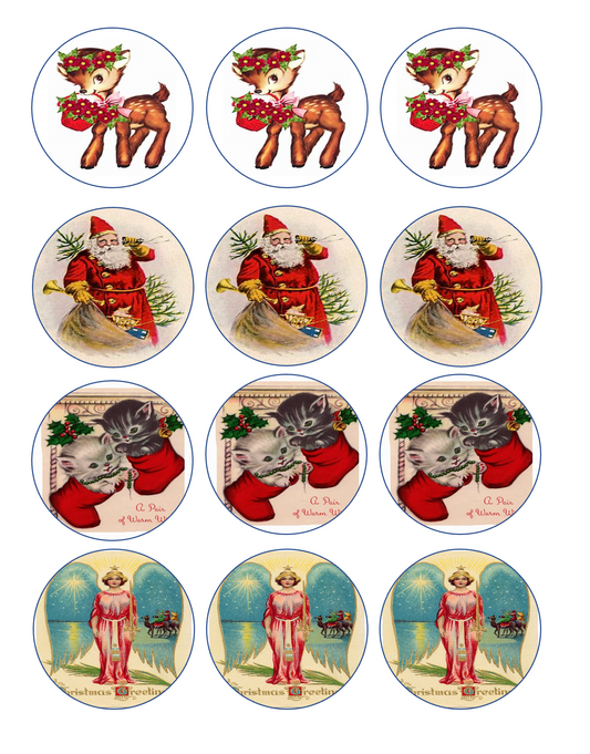 Set of 12 "Vintage Classic Christmas" pre cut edible image discs for desserts, drink toppers, choose your size