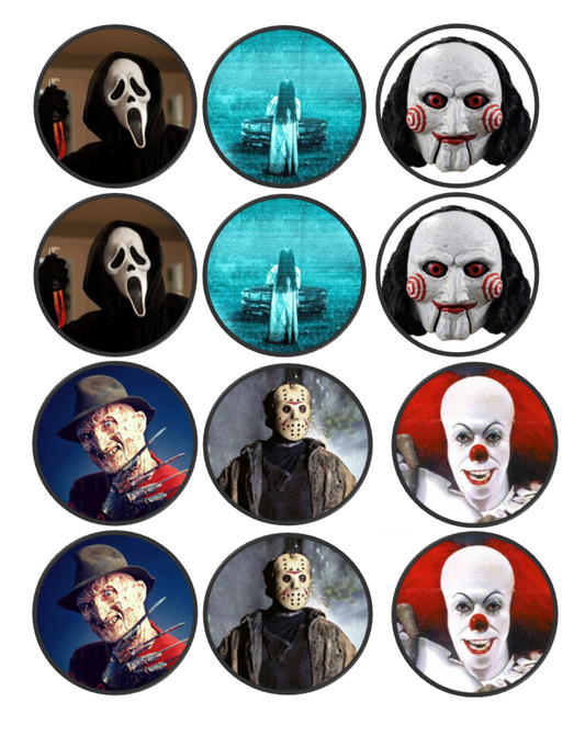 Set of 12 "Horror Scary Movie" pre cut edible image discs for desserts, drink toppers, choose your size