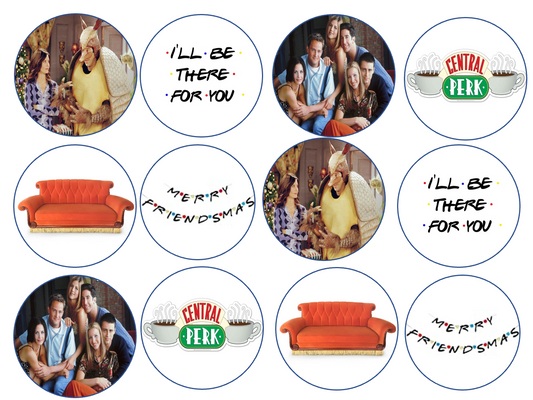 Set of 12 "Friends TV show Friendsgiving" pre cut edible image discs for desserts, drink toppers, choose your size