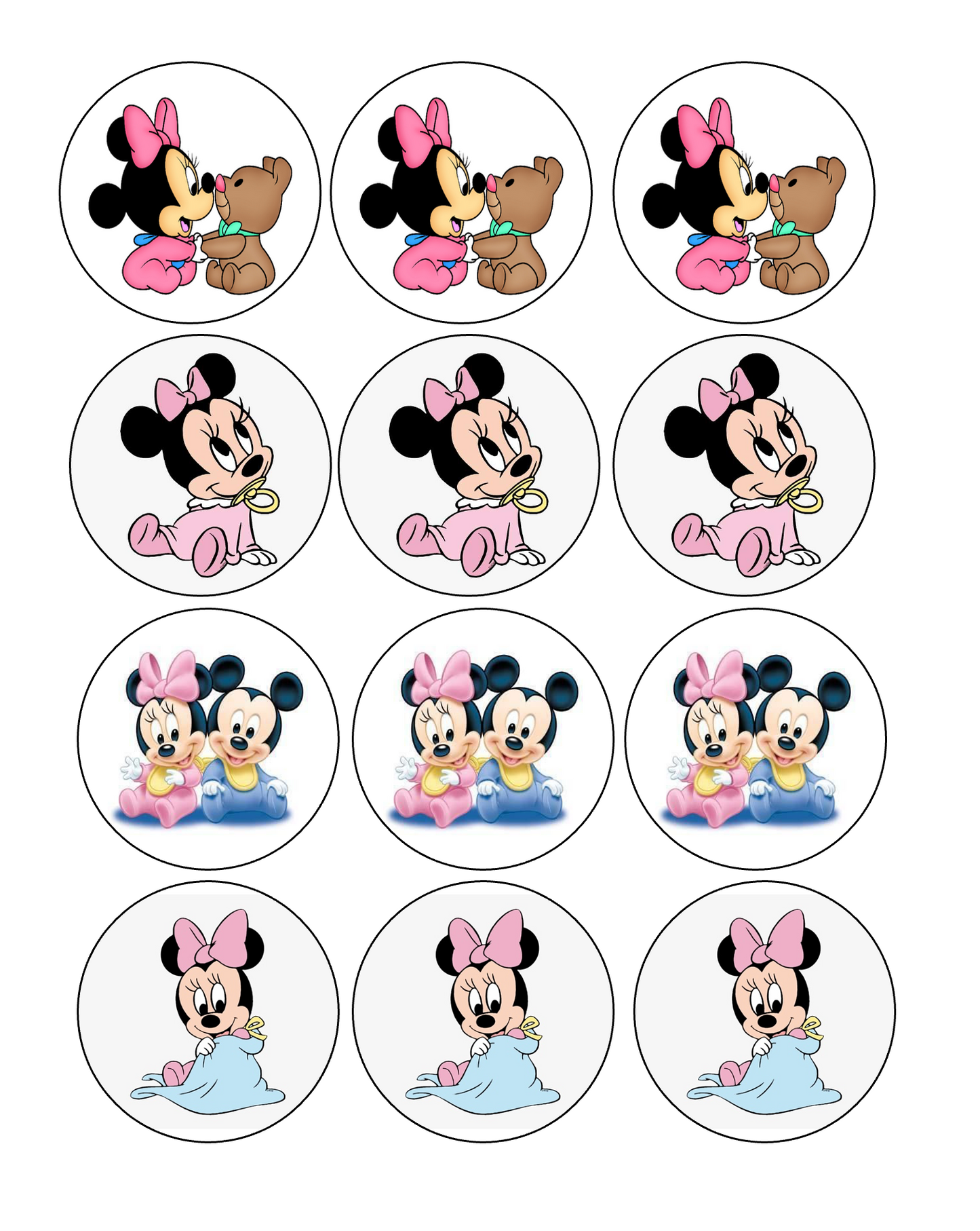 Set of 12 "Baby Minnie and Mickey" pre cut edible image discs for desserts, drink toppers, choose your size