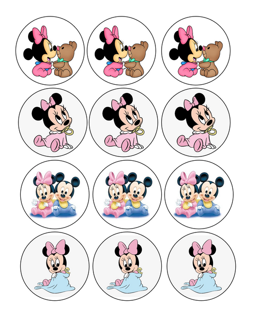 Set of 12 "Baby Minnie and Mickey" pre cut edible image discs for desserts, drink toppers, choose your size