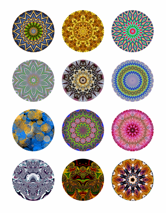 Set of 12 "Trippy Mandala" pre cut edible image discs for desserts, drink toppers, choose your size