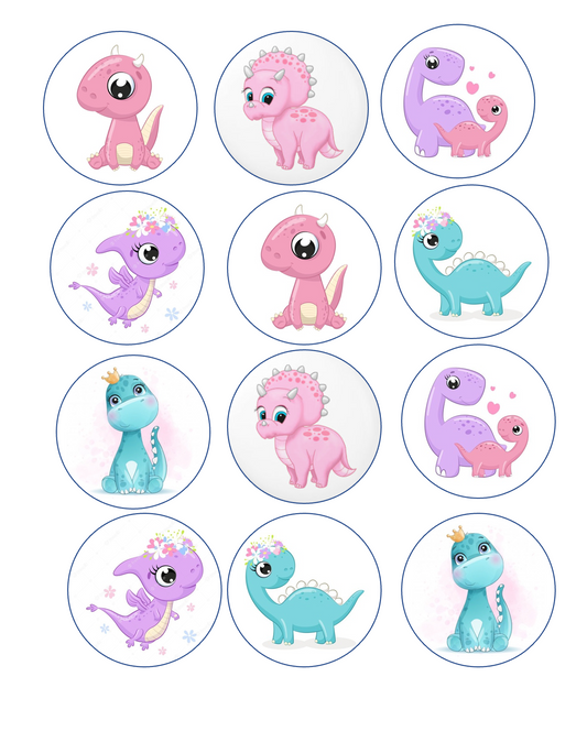 Set of 12 "Baby Dinosaur" pre cut edible image discs for desserts, drink toppers, choose your size