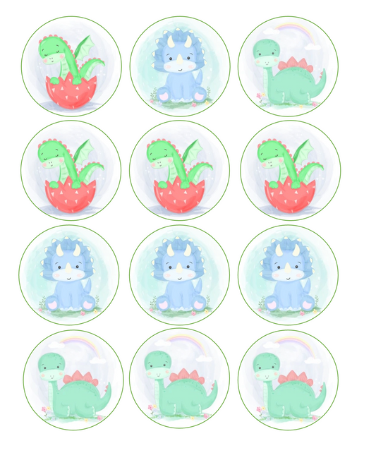 Set of 12 "Baby Dinosaur" pre cut edible image discs for desserts, drink toppers, choose your size