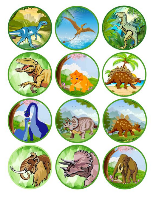 Set of 12 "Green Dinosaur" pre cut edible image discs for desserts, drink toppers, choose your size