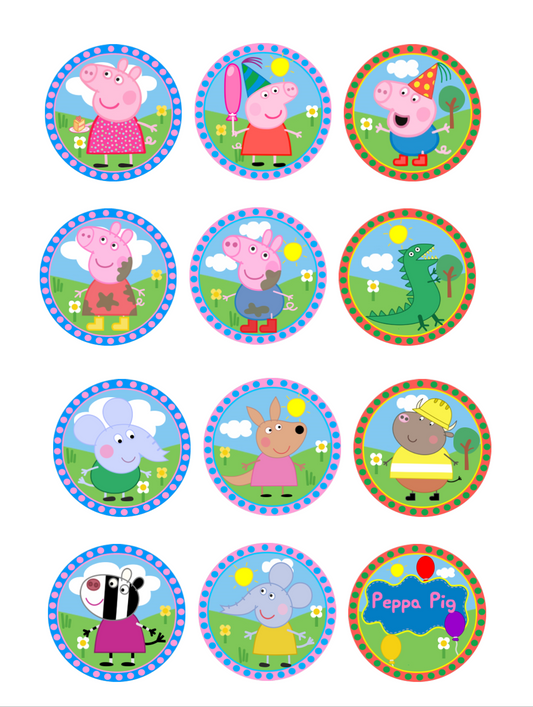 Set of 12 "Peppa Pig" pre cut edible image discs for desserts, drink toppers, choose your size