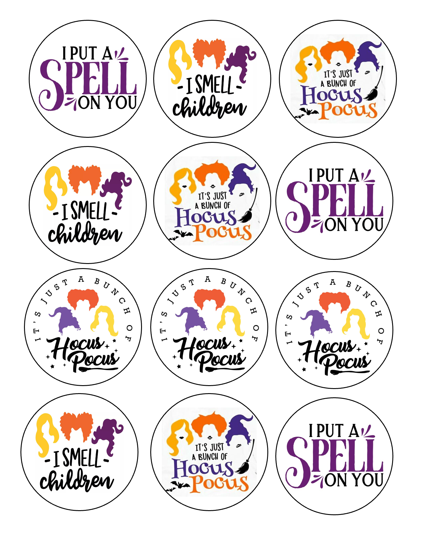 Set of 12 "Hocus Pocus Halloween" pre cut edible image discs for desserts, drink toppers, choose your size