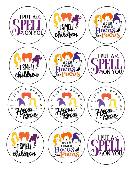 Set of 12 "Hocus Pocus Halloween" pre cut edible image discs for desserts, drink toppers, choose your size