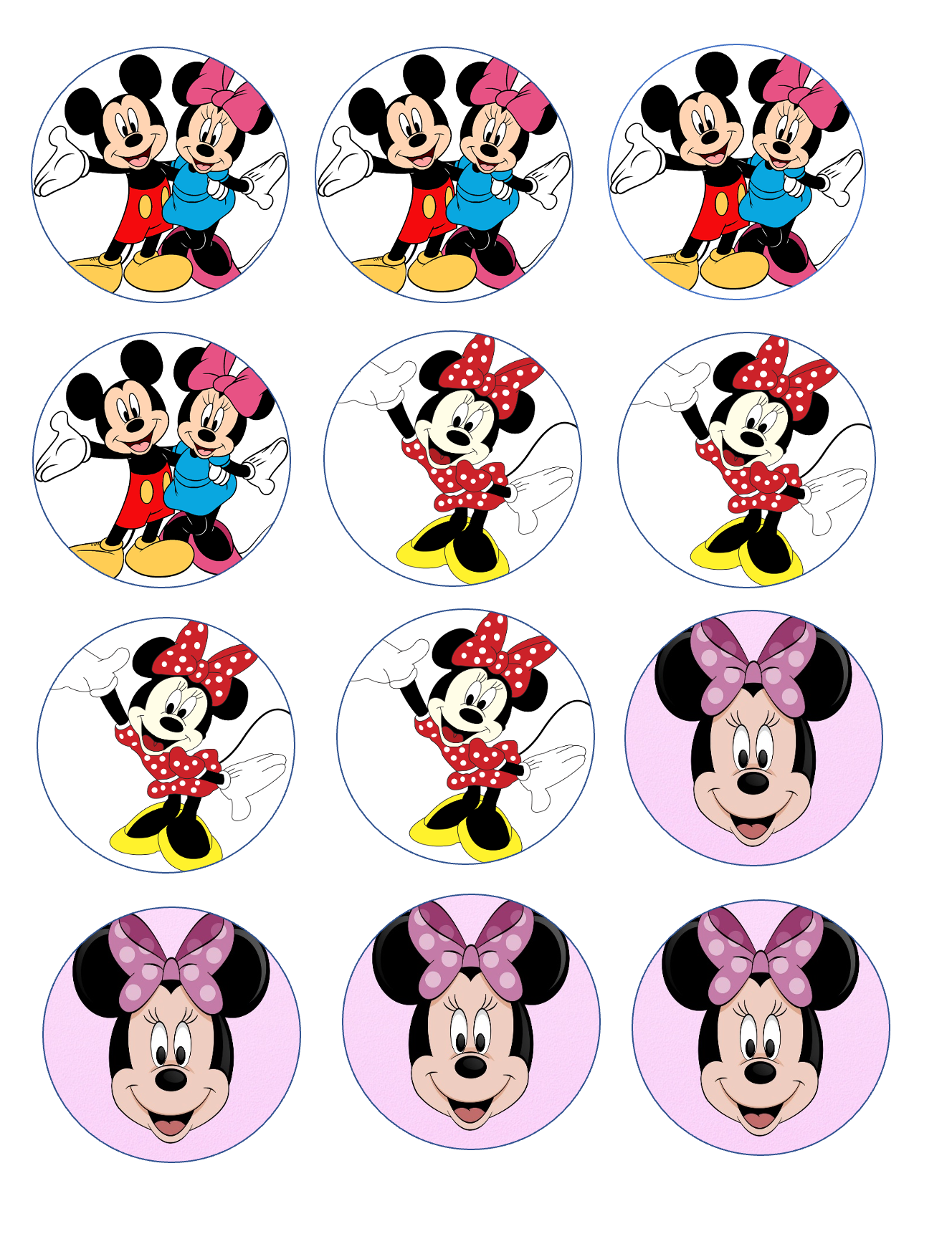 Set of 12 "Minnie and Mickey Mouse" pre cut edible image discs for desserts, drink toppers, choose your size