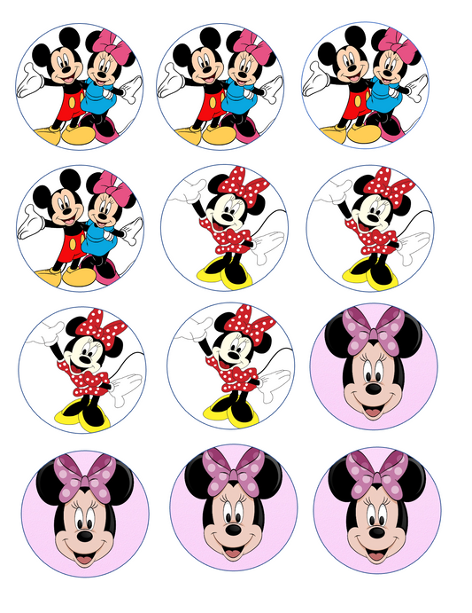 Set of 12 "Minnie and Mickey Mouse" pre cut edible image discs for desserts, drink toppers, choose your size