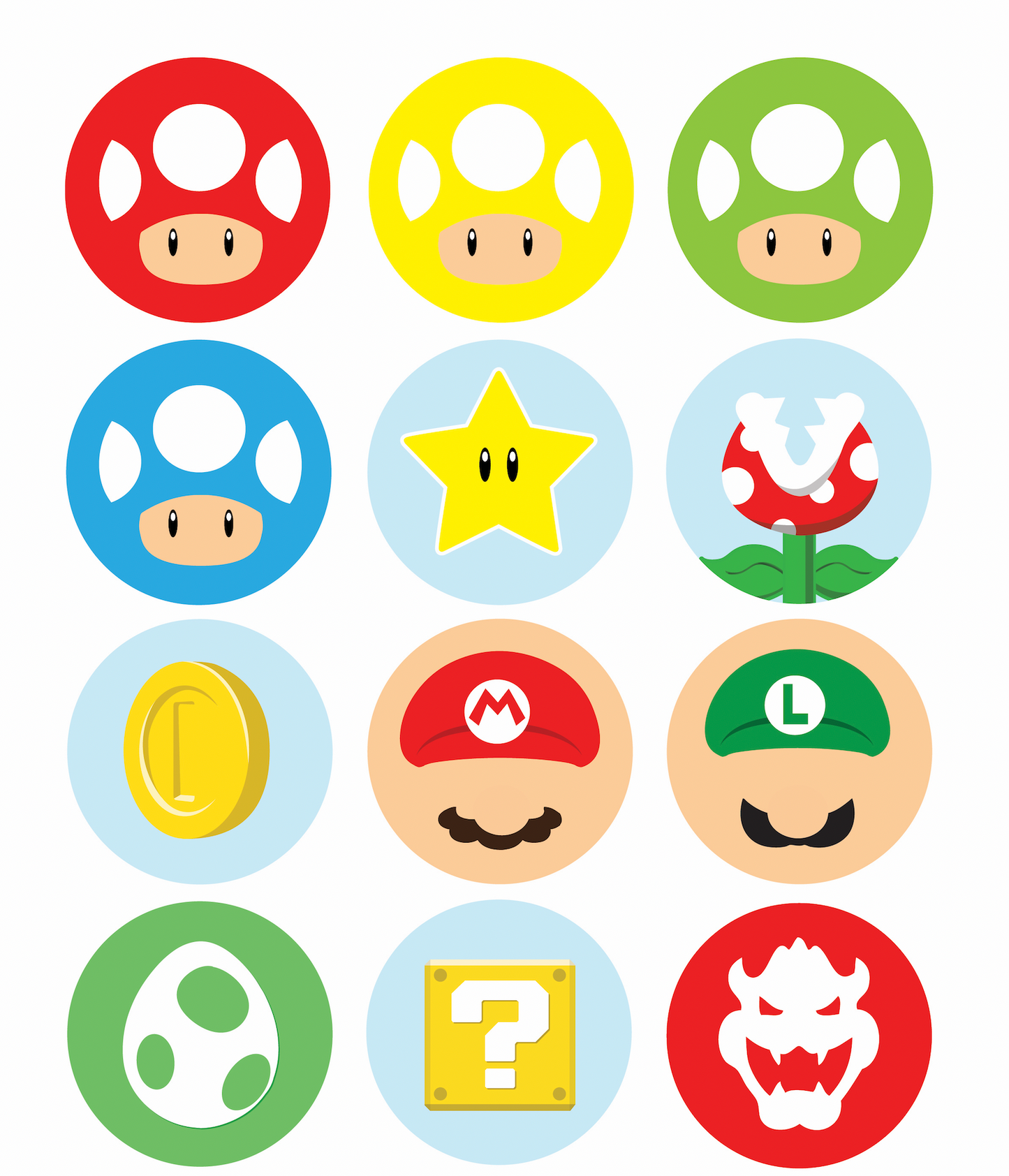 Set of 12 "Super Mario" pre cut edible image discs for desserts, drink toppers, choose your size