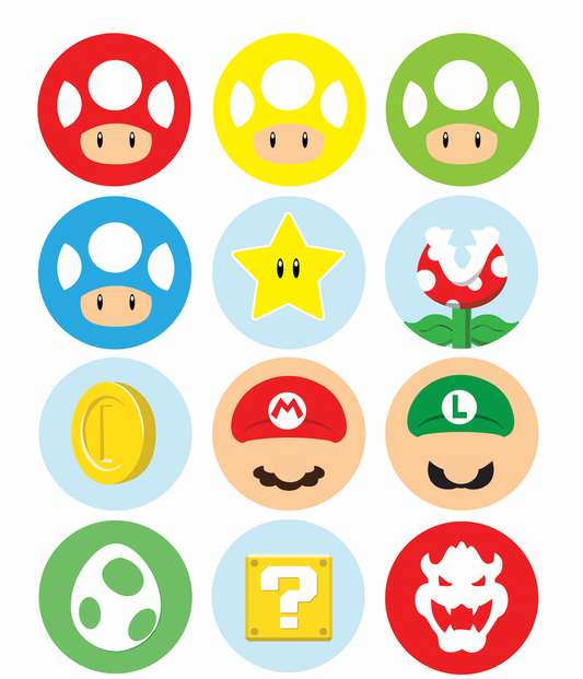 Set of 12 "Super Mario" pre cut edible image discs for desserts, drink toppers, choose your size