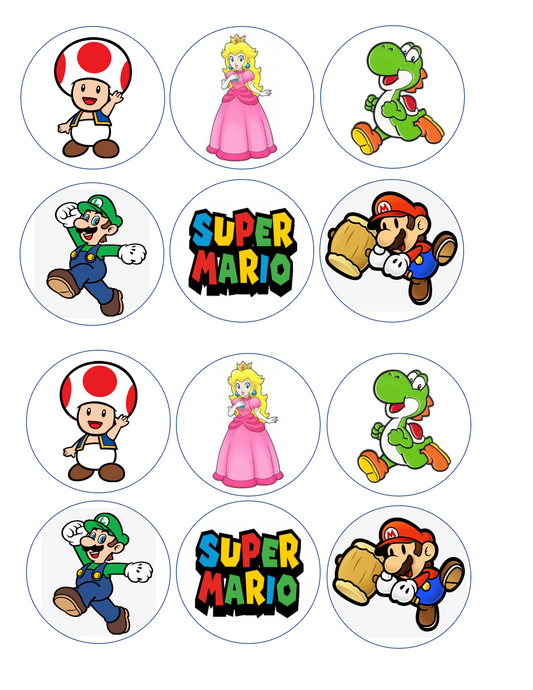 Set of 12 "Super Mario" pre cut edible image discs for desserts, drink toppers, choose your size