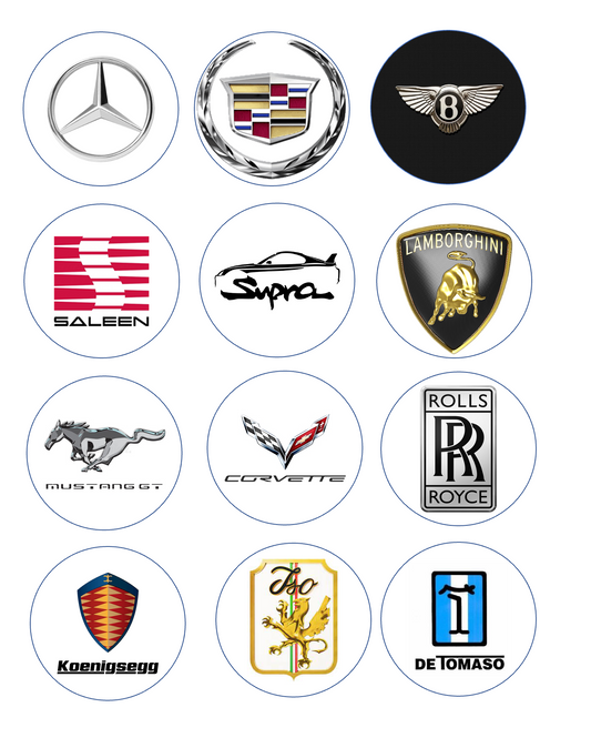 Set of 12 "Race Car/ Luxury car Logos" pre cut edible image discs for desserts, drink toppers, choose your size