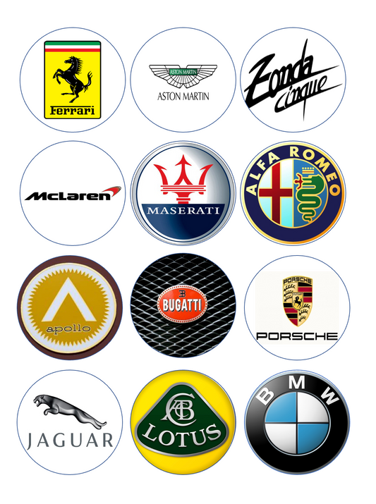 Set of 12 "Race Car/ Luxury Logos" pre cut edible image discs for desserts, drink toppers, choose your size