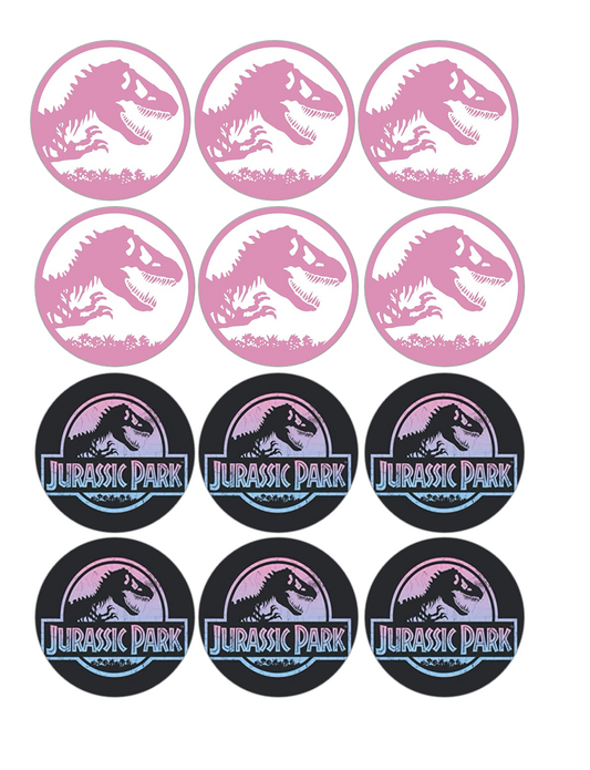 Set of 12 "pink jurassic park/ jurassic world" pre cut edible image discs for desserts, drink toppers, choose your size