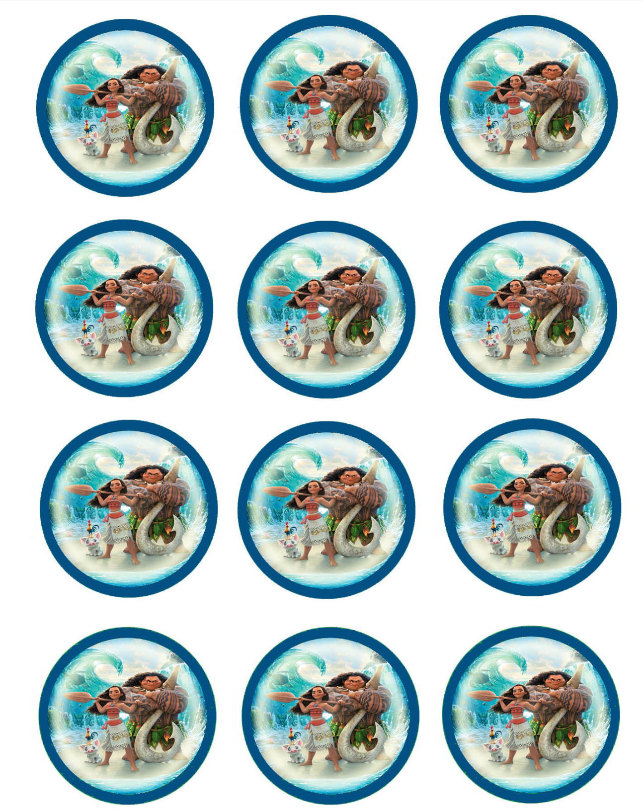 Set of 12 "Moana" pre cut edible image discs for desserts, drink toppers, choose your size