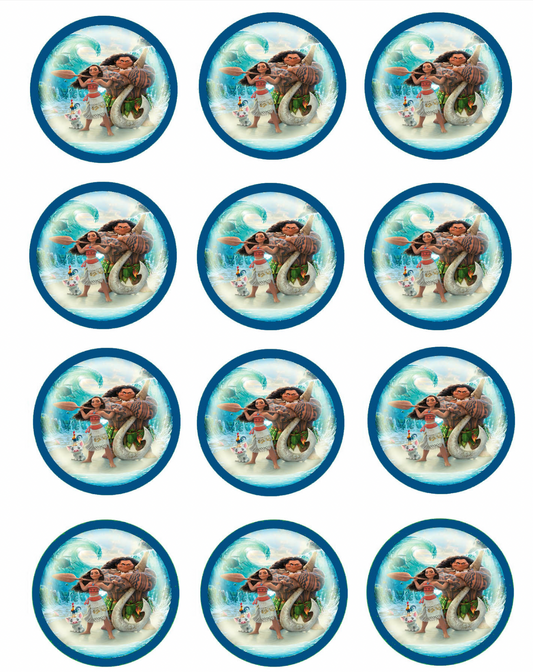 Set of 12 "Moana" pre cut edible image discs for desserts, drink toppers, choose your size