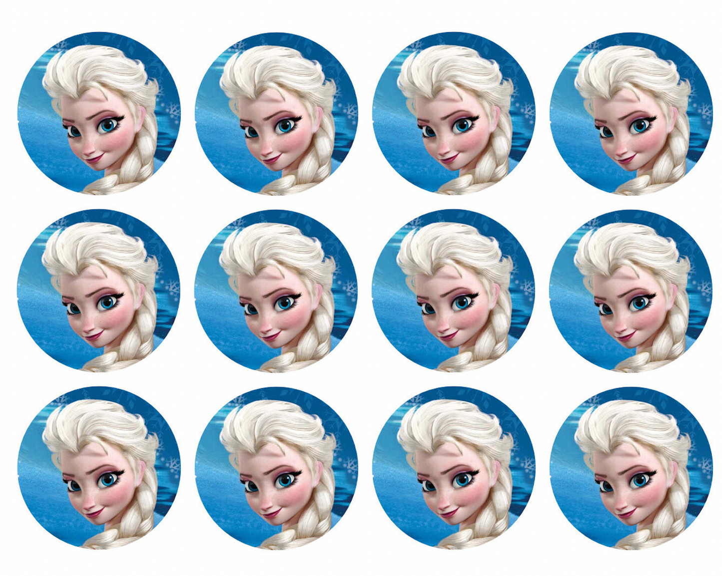 Set of 12 "Elsa Frozen" pre cut edible image discs for desserts, drink toppers, choose your size