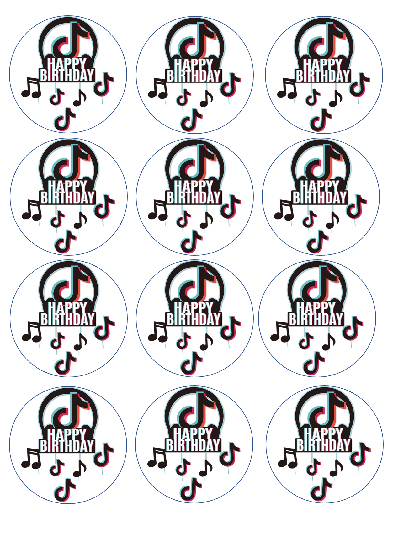 Set of 12 "Tik Tok Happy Birthday" pre cut edible image discs for desserts, drink toppers, choose your size