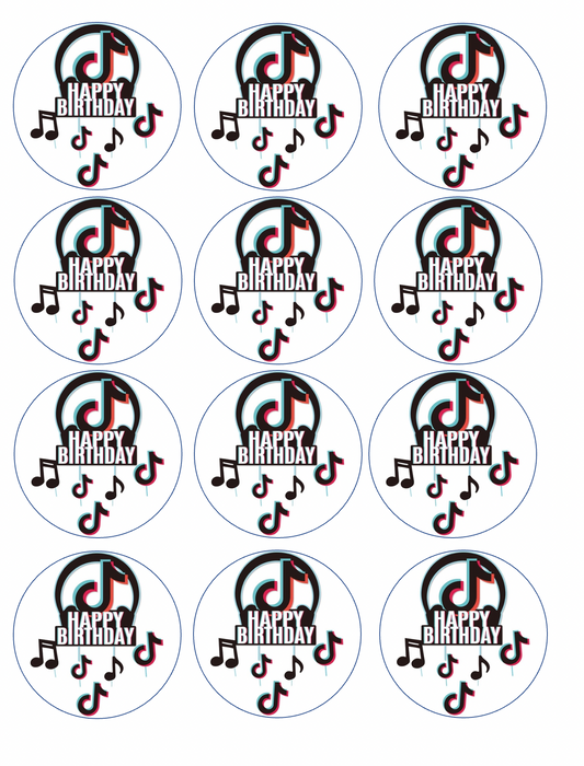Set of 12 "Tik Tok Happy Birthday" pre cut edible image discs for desserts, drink toppers, choose your size