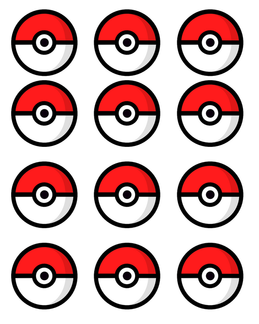 Set of 12 "Pokemon Pokeball" pre cut edible image discs for desserts, drink toppers, choose your size