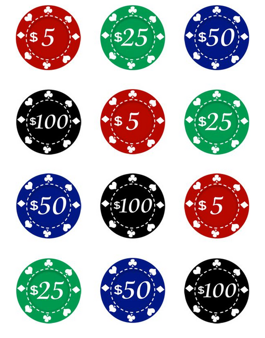 Set of 12 "Poker Chips Casino" pre cut edible image discs for desserts, drink toppers, choose your size